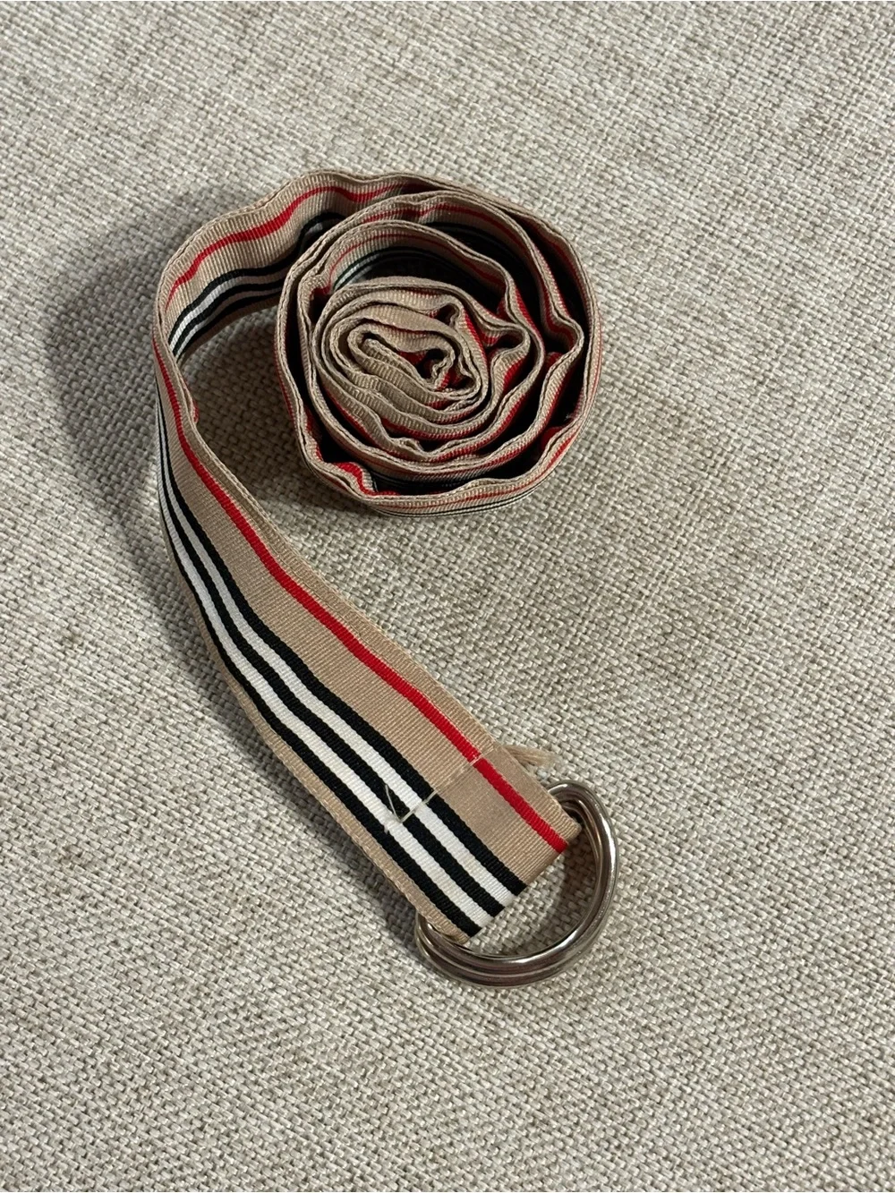 Striped Canvas D Ring Belt Tan Black White Red Adjustable 40 Inch